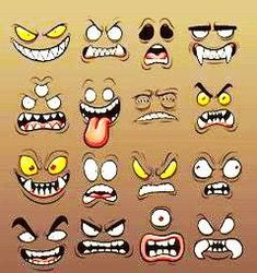 an assortment of cartoon faces with different expressions and facial features, including eyes, nose, lips, mouth, tongue, teeth