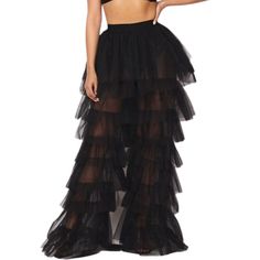 Perfect For Any Special Occasion Or Getaway You Have Planned! Tiered Tulle Layered Pants With Stretchy Waistband. Color: True Black Fit: True To Size Material: 100% Polyester Care Instructions: Wash Cold Model Is Wearing A Size Medium. Chic Black Tiered Bottoms, Elegant Black Tulle Bottoms, Black Stretch Tulle Bottoms, Black Fitted Tulle Maxi Skirt, Black Tiered Tulle Maxi Skirt, Tulle Pants, Layered Pants, Humble Brag, Boutique Pants