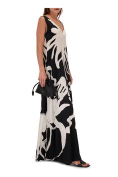 Kiton - Black & White Silk Patterned Maxi Dress | Mitchell Stores Chic V-neck Rayon Maxi Dress, Elegant V-neck Maxi Dress For Vacation, Silk V-neck Summer Dress, Long V-neck Dress For Summer Formal Events, Summer Formal Maxi Dress With Tie Waist, Black Silk V-neck Maxi Dress, Silk V-neck Maxi Dress With Tie Waist, Elegant Rayon Dress With Tie Waist, Summer Viscose Maxi Dress With Tie Waist