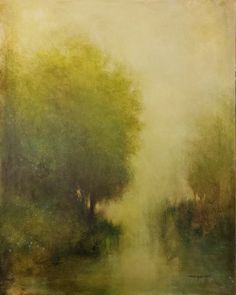 an oil painting of trees and water in the foggy day time, with light coming from behind them