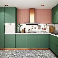 a modern kitchen with green cabinets and marble counter tops on the floor is pictured in this image