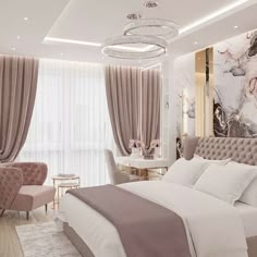 a large bed sitting in a bedroom under a chandelier next to a window