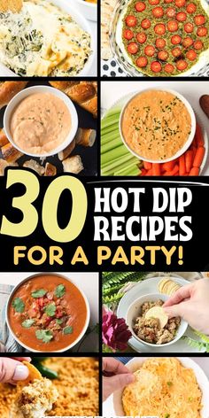 Collage of hot dip recipes. Hot Cheesy Dip Recipes, Healthy Hot Dip Recipes, Easy Hot Dips, Dips With Cream Cheese, Hot Cheese Dip Recipes, Hot Dip Recipes, Recipes For A Party, Slow Cooker Dip Recipes