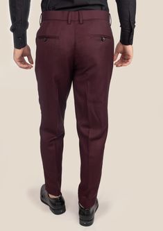 Unleash your daring style with our Deep Burgundy Birdseye Pants. Custom made from premium Super 120s pure merino wool, these luxurious pants will have you feeling like the best dressed wherever you go. Show off your sharp sense of fashion and stand out from the crowd. Luxury Wool Trousers, Luxury Wool Bottoms For Business Casual, Semi-formal Wool High-waisted Pants, Semi-formal High-waisted Wool Bottoms, Semi-formal High-waisted Wool Pants, Wool Business Casual Long Pants, Wool Bottoms For Business Casual, Luxury Wool Bottoms With Pressed Crease, Luxury High-waisted Wool Bottoms