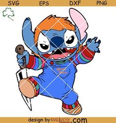 the cartoon character is holding a knife and wearing blue overalls, with his hands in the air