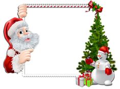 a christmas card with santa claus and snowman next to a small fir tree on a white background