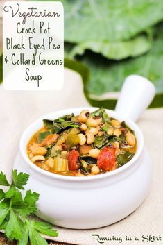 vegetarian crock pot black eyed pea and collard greens soup in a white bowl