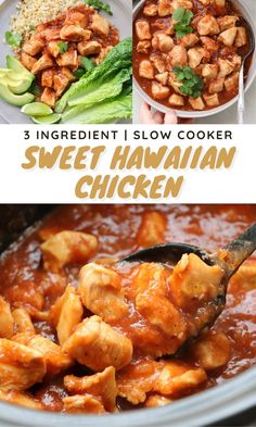 the recipe for sweet hawaiian chicken is shown in three different pictures