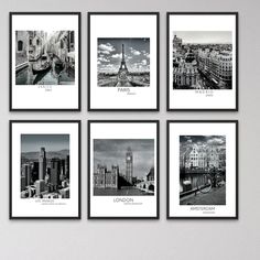 four black and white pictures with the words london printed on them, all in different styles