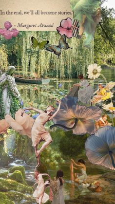 an artistic collage with flowers and people in the water, butterflies flying over them