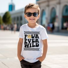 Get ready to celebrate in style with our 'Four Ever Wild' collection! If you're on the hunt for a skater retro checkered 4th birthday outfit for your little man, look no further. Let him hit the birthday scene in our skateboard skater-inspired 'Four Ever Wild' tee, ensuring he rocks his 4th birthday in style! ✨ CHECK OUT MORE BIRTHDAY ITEMS ✨https://www.etsy.com/shop/babysquishycheeks/?etsrc=sdt§ion_id=21016170 👕 SILHOUETTES OPTIONS👕✧BLACK SLEEVE RAGLAN TEE (pictured): This light-weight 3/4 sleeve, features a white body, with black sleeves. This runs in a standard fit.✧T-SHIRT: High-quality cotton fabric standard tee. These run lean, so size up for a looser fit. Available in Black or White✧BODYSUIT: High-quality cotton fabric, with the envelope neckline to easy on and off. He is sure to Four Year Old Shirt, Four Ever Wild Birthday Boy, Four Year Old Boy Birthday Themes, Boys 4th Birthday Party Ideas, 4 Year Birthday Party Ideas Boy, 4th Birthday Boy, Four Ever Wild, 4th Birthday Boys, Boy Birthday Party Themes