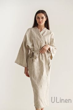 Linen robe in kimono style is very comfortable to wear when you visit SPA or just wear after taking a shower at the home. Perfect style and high quality. Our bath robe made from 100% natural linen. Absorbent, soft, very durable bathrobe with pockets and a waist tie. INFORMATION: - Unique design created by ULinen. - Have questions about the fit? Contact us! - Made from 100% natural linen - Stone washed for maximum softness - Unisex model RULES OF CARE: - Machine wash in lukewarm water (40 C / 104 Linen Robe, Natural Bedding, Mode Kimono, Linen Sheet Sets, Pajama Robe, Linen Pillow Cases, Kimono Style, Perfect Style, Black Linen