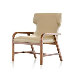 a beige leather chair with wooden frame and arms