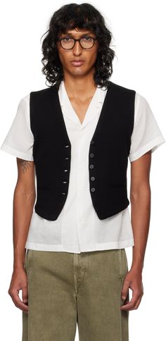 Knit cashmere vest. · V-neck · Button closure · Mock welt pockets · Cinch strap at back Supplier color: Black Guest In Residence, Tailored Vest, Black Leather Vest, Velvet Vest, Mens Cashmere, Vests Mens, Outerwear Vest, Wool Vest, Mens Black Leather