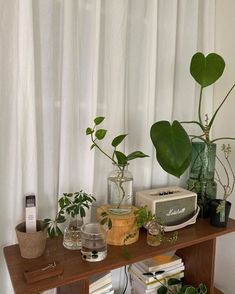 some plants are sitting on top of a wooden table in front of a white curtain