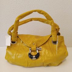 Yellow Soft Faux Patent Leather Zip Snap Double Handle Tote Shoulder Bag W/Heavy Quality Metal Black Silver Tone Snap Nwt. 9 X 16 X 6" W/10" Handles P3 Trendy Yellow Satchel With Adjustable Strap, Spring Yellow Satchel With Adjustable Strap, Trendy Yellow Satchel Shoulder Bag, Yellow Handheld Satchel With Adjustable Strap, Trendy Yellow Double Handle Shoulder Bag, Trendy Yellow Shoulder Bag With Double Handle, Yellow Crossbody Satchel For Spring, Trendy Yellow Handheld Satchel, Trendy Yellow Satchel For Spring