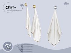 two white towels hanging from hooks in front of a blue background with the words orbita on it