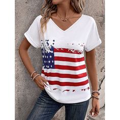 Season:Summer; Fabric:Polyester,Polyester; Sleeve Length:Short Sleeve; Gender:Women's; Style:Stylish; Elasticity:Micro-elastic; Tops Type:T Shirt; Occasion:Vacation,Daily; Top Length:Regular Tops; Pattern:American Flag,Independence Day; Neckline:V Neck; Brand:Shall We; Listing Date:05/22/2024; Clothing Length:null; Bust:null; Fit US Size:null; Fit UK Size:null; Fit EU Size:null Patriotic Tees, American Flag Print, American Flag Shirt, Summer Tee, Lightweight Tops, American Shirts, White Summer, Summer 2024, Linen Shirt