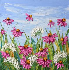 a painting of pink and white flowers on a blue sky with clouds in the background