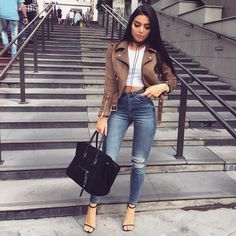 Beige Leather Jacket, Robes Glamour, Instagram Outfits, Fall Winter Outfits, Fashion Killa, Ripped Jeans, Passion For Fashion, Classy Outfits