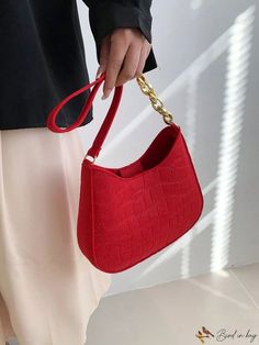 BirdinBag - Neon Red Crocodile-Embossed Hobo Bag: Stylish and Bold Felt Design Felt Design, Neon Red, Black Hot Pink, Word Wrap, Bag Bag, Pink Brown, Hobo Bag, Bags Shoulder, Red Color