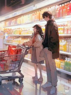 two people standing in front of a grocery cart