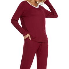 Great for loungewear, nightwear, sleepwear, home bedroom, daily wear. This loungewear pajamas stes for women is constructed of v-neck with lace, pants with elastic waist, make it convenient to take on/off, keep you pretty and comfortable all day. Featuring solid color,stretchy fabric and palazzo pants design, soft and comfortable make you feel cozy all night, enjoy a comfortable sleep and sweet dream. No matter the cozy bedtime, casual home relax, laze afternoon, comfy bath, the soft and lightwe Red V-neck Sleepwear For Loungewear, Casual Red V-neck Sleepwear, Red Long Sleeve Sleepwear For Lounging, Red Long Sleeve Lounging Sleepwear, Comfortable Red Sleepwear For Loungewear, Solid V-neck Sleepwear, Solid Color V-neck Sleepwear For Lounging, Solid V-neck Sleepwear For Loungewear, Womens Lounge