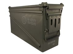 an army green plastic crate with the lid open