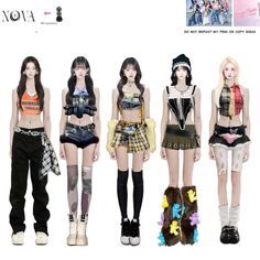 four models are standing in front of each other wearing short skirts and high waisted shorts