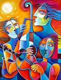 a painting of two people playing instruments