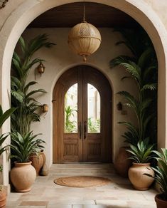 an arched entry way with potted plants on either side and a door in the middle