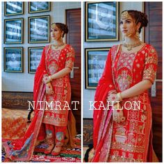 two pictures of a woman in red and gold outfit with jewelry on her head, standing next