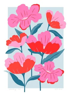 pink and red flowers with green leaves on a light blue background in an art print