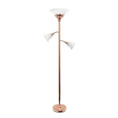 a floor lamp with three lights on top and one light on the bottom, against a white background