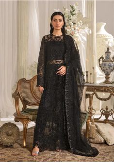 Evara By Elaf Embroidered Net Suit Unstitched 3 Piece EFE-05 MAJESTY- Formal Collection | Latest Pakistani Punjabi Suits Salwar Suits Designers Wear Embellished Sleeves, Net Design, Modest Girl, Pakistani Dress Design, Net Dupatta, Pakistani Designers, Casual Wedding, Luxury Dress, Fabric Stores Online