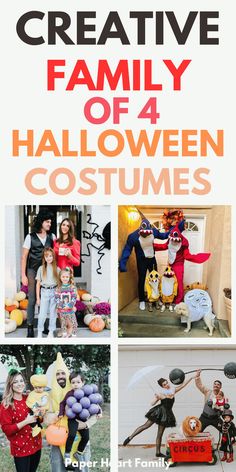 halloween costumes for kids and adults with text overlay that reads creative family of 4 halloween costumes