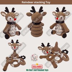 four reindeer stuffed toys are shown in three different poses, one is brown and the other is white