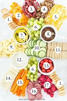 a table topped with lots of different types of food and numbers on the top of it