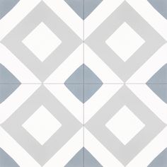 a white and blue tile pattern with diamond shaped squares on the bottom, in shades of gray