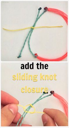 two pictures showing how to tie the binding knot closures with colored yarn and thread