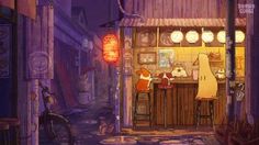 an image of a street at night with people sitting in the bar and eating food