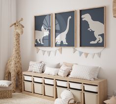 a child's room with toys and artwork on the wall