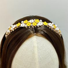 Flower Headband with small White and Yellow enamel flowers and faux pearl beads. Each flower has been attached to a lovely Soft gold Leaf headband. Beautiful for a gift for the Holiday Season, Bridesmaid, Parties and many more uses. Headband is approx 2.5cm wide and lined with ribbon and felt ends for comfort. Will arrive to you gift wrapped and packed well for shipping. Thank you for your visit Gold Leaf Headband, Flower Hairband, Leaf Headband, Enamel Flowers, Leaves Headband, Turban Headbands, Gift For Girls, Enamel Flower, Flower Headband