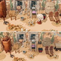 two screens show the same scene as each other in an animated environment with various objects