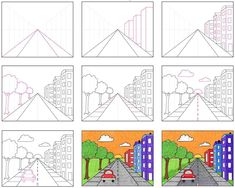 step by step instructions on how to draw a cityscape with buildings and cars