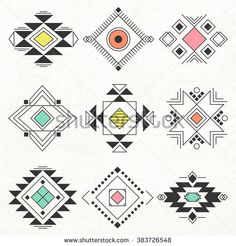 an abstract set of geometric designs in black, white and orange colors on a beige background