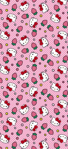 hello kitty wallpaper with strawberrys and cats on pink background, all in different colors