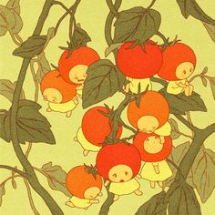 a group of red apples hanging from a tree with little babies in the middle of them