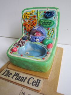 a toy cell phone is sitting on top of a wooden stand with the words the plant cell written below it