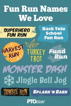 a poster with different font and numbers on the front, including words that say fun run names